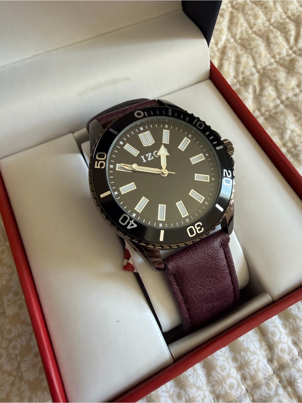 Izod Men's Black Dial Watch with Burgundy Leather Band